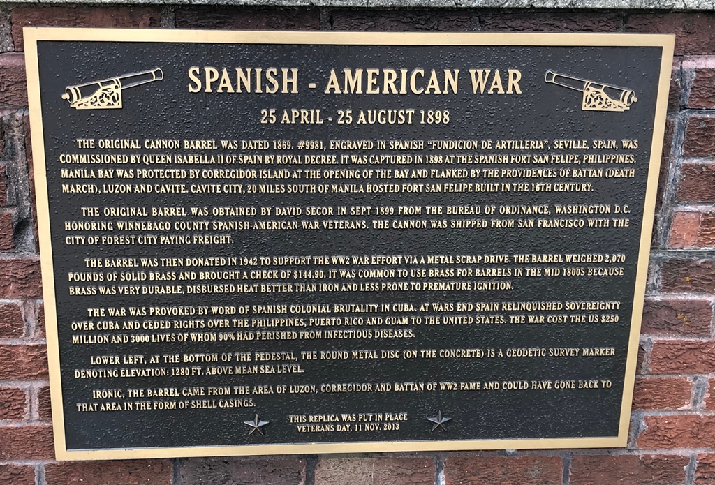 WINNEBAGO COUNTY SPANISH-AMERICAN WAR MEMORIAL CANNON PLAQUE