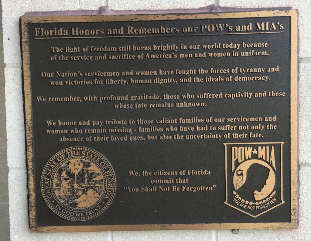 FLORIDA HONORS AND REMEMBERS OUR POW’S AND MIA’S MEMORIAL PLAQUE YULEE