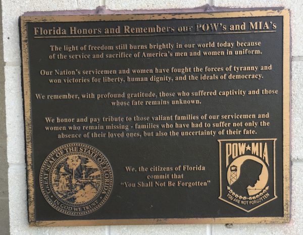 FLORIDA HONORS AND REMEMBERS OUR POW’S AND MIA’S MEMORIAL PLAQUE YULEE