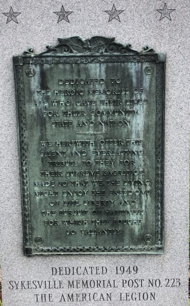 SYKESVILLE KILLED IN ACTION MEMORIAL PLAQUE