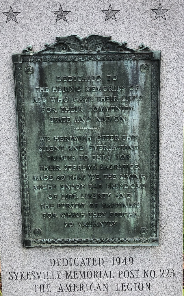 SYKESVILLE KILLED IN ACTION MEMORIAL PLAQUE