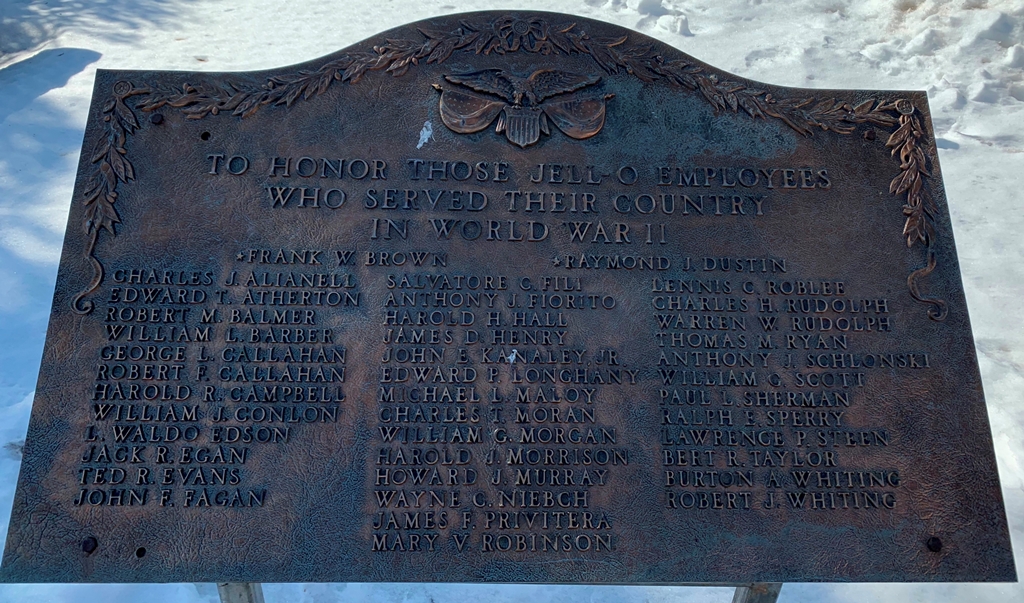 JELL O EMPLOYEES WORLD WAR II MEMORIAL PLAQUE