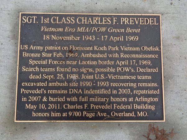 SGT. 1ST CLASS CHARLES F. PREVEDEL WAR MEMORIAL PLAQUE