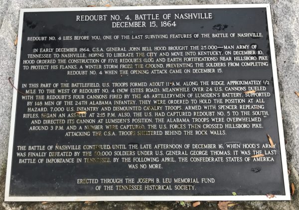 REDOUBT NO. 4 BATTLE OF NASHVILLE MEMORIAL PLAQUE