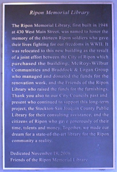 RIPON MEMORIAL LIBRARY PLAQUE A