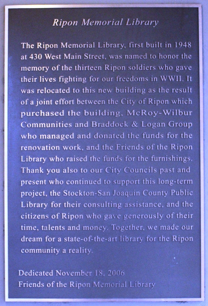 RIPON MEMORIAL LIBRARY PLAQUE A
