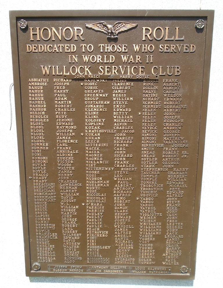 WILLOCK SERVICE CLUB WORLD WAR II MEMORIAL PLAQUE
