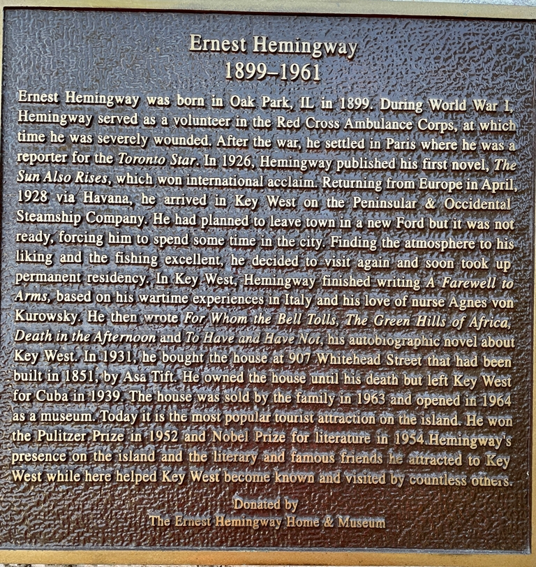 ERNEST HEMINGWAY WAR MEMORIAL PLAQUE