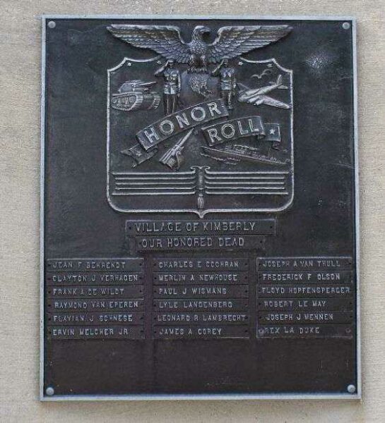 VILLAGE OF KIMBERLY HONOR ROLL MEMORIAL PLAQUE
