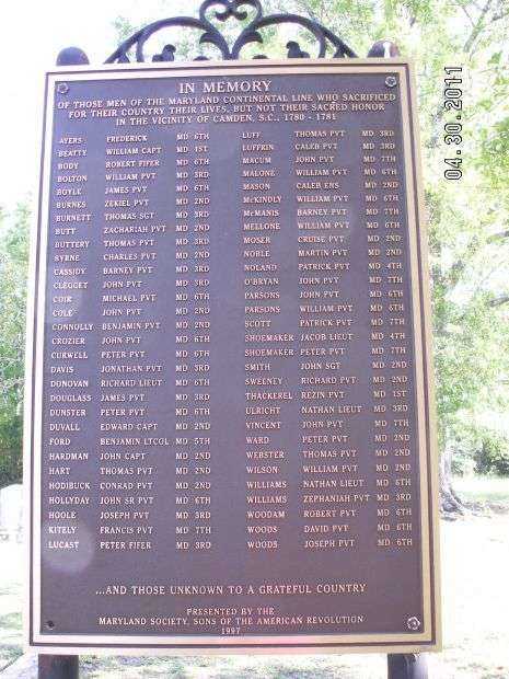IN MEMORY OF THE MARYLAND CONTINENTAL LINE MEMORIAL PLAQUE