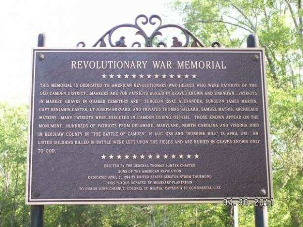 REVOLUTIONARY WAR MEMORIAL PLAQUE CAMDEN