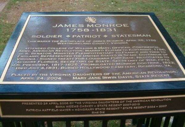 JAMES MONROE REVOLUTIONARY SOLDIER MEMORIAL PLAQUE