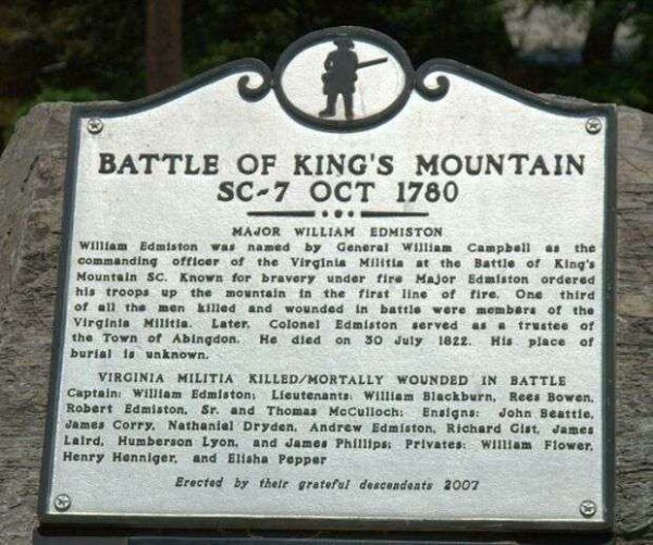 BATTLE OF KING’S MOUNTAIN REVOLUTIONARY WAR MEMORIAL MARKER