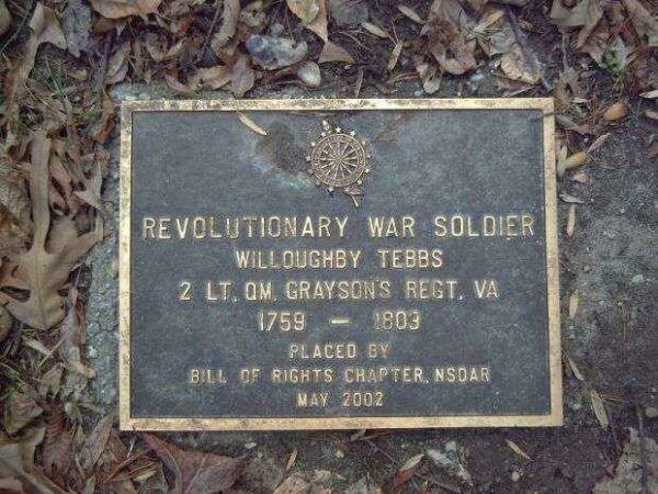 2 LT. WILLOUGHBY TEBBS REVOLUTIONARY WAR SOLDIER MEMORIAL PLAQUE
