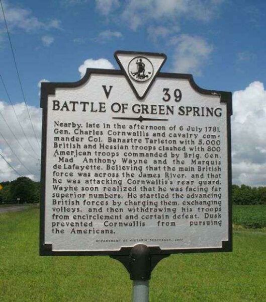 BATTLE OF GREEN SPRING REVOLUTIONARY WAR MEMORIAL MARKER