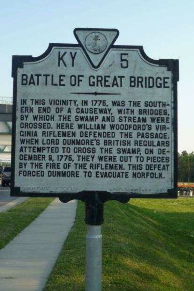 BATTLE OF GREAT BRIDGE REVOLUTIONARY WAR MEMORIAL MARKER