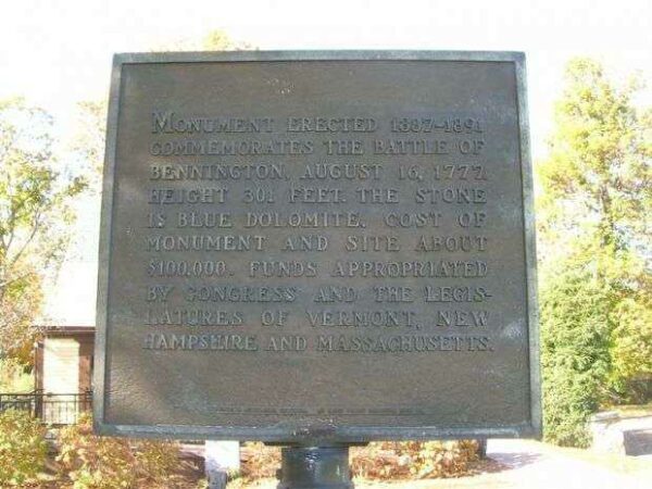 BATTLE OF BENNINGTON REVOLUTIONARY WAR MEMORIAL PLAQUE BACK