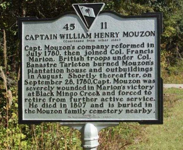 CAPTAIN WILLIAM HENRY MOUZON REVOLUTIONARY MEMORIAL MARKER BACK