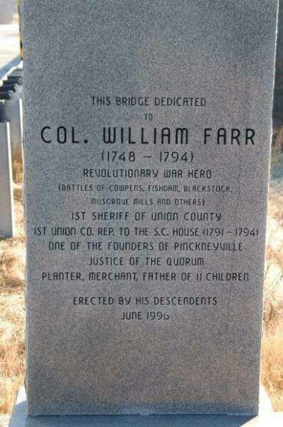 COLONEL WILLIAM FARR MEMORIAL BRIDGE STONE