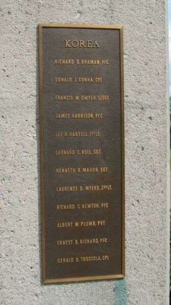 DANBURY VETERANS MEMORIAL KOREAN WAR PLAQUE