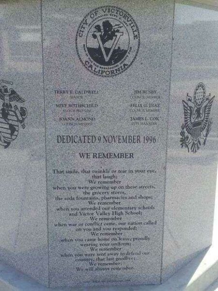 VICTORVILLE VETERANS WAR MEMORIAL DEDICATION PANEL