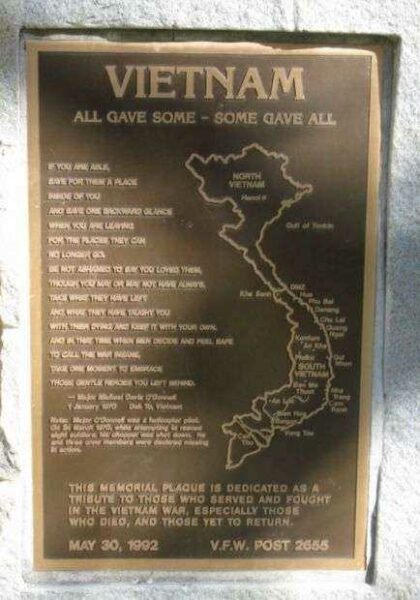 NEVADA COUNTY WAR AND VETERANS VIETNAM WAR MEMORIAL PLAQUE