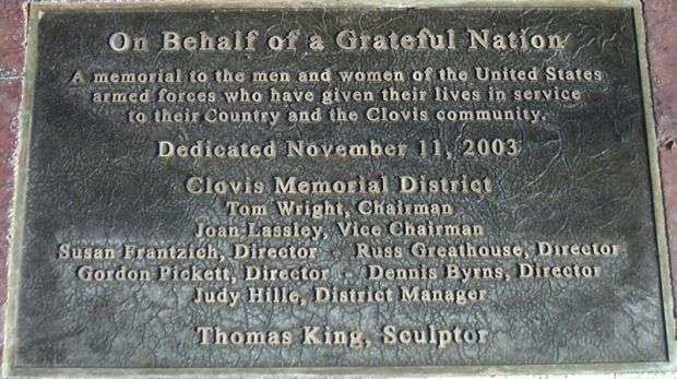 CLOVIS VETERANS MEMORIAL PLAQUE