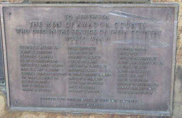 AMADOR COUNTY WAR MEMORIAL WORLD WAR II PLAQUE
