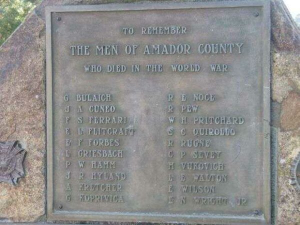 AMADOR COUNTY WAR MEMORIAL WORLD WAR I PLAQUE