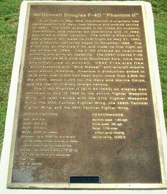 MCDONNELL DOUGLAS F-4D “PHANTOM II” MEMORIAL AIRCRAFT PLAQUE
