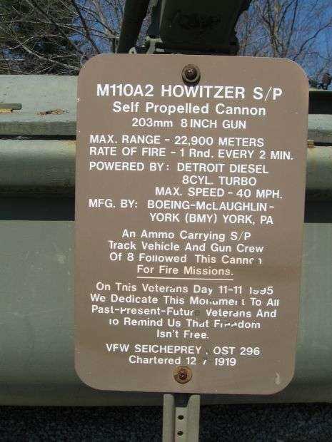 VFW POST 296 M110A2 HOWITZER S/P MEMORIAL PLAQUE