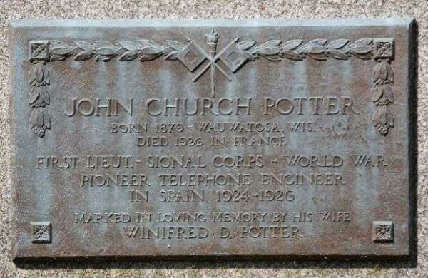FIRST LIEUT. JOHN CHURCH POTTER WORLD WAR MEMORIAL PLAQUE
