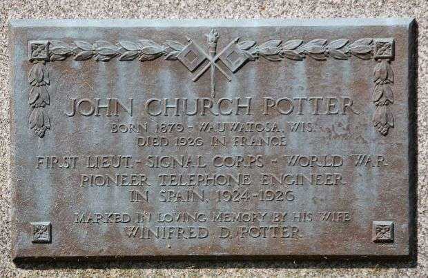 FIRST LIEUT. JOHN CHURCH POTTER WORLD WAR MEMORIAL PLAQUE