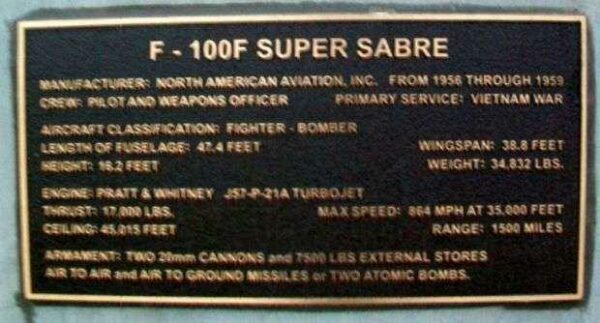 F-100F SUPER SABRE MEMORIAL AIRCRAFT PLAQUE