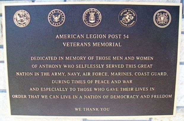 AMERICAN LEGION POST 54 VETERANS MEMORIAL PLAQUE
