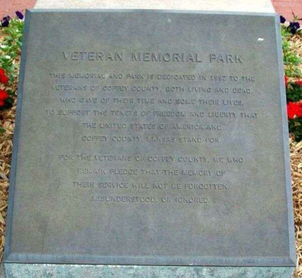 COFFEY COUNTY VETERANS MEMORIAL PARK PLAQUE