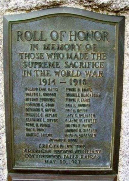 CHASE COUNTY WAR MEMORIAL WORLD WAR I PLAQUE