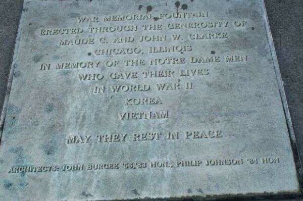 NOTRE DAME WAR MEMORIAL FOUNTAIN PLAQUE