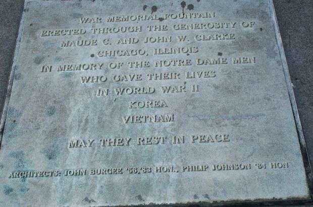 NOTRE DAME WAR MEMORIAL FOUNTAIN PLAQUE