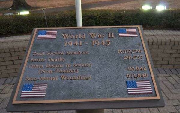 TOWN OF TUNICA VETERANS MEMORIAL WORLD WAR II PLAQUE