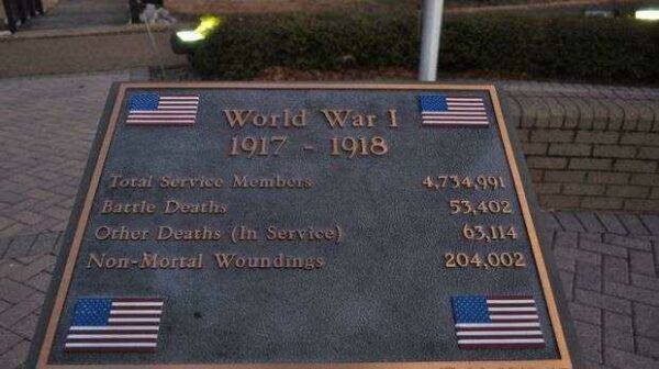 TOWN OF TUNICA VETERANS MEMORIAL WORLD WAR I PLAQUE