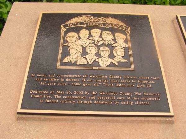 WICOMICO COUNTY WAR MEMORIAL DEDICATION PLAQUE