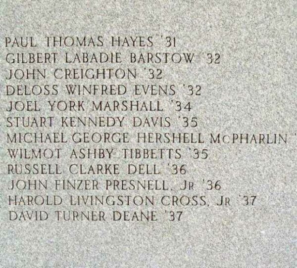 BOWDOIN COLLEGE WAR MEMORIAL HONOR ROLL STONE B