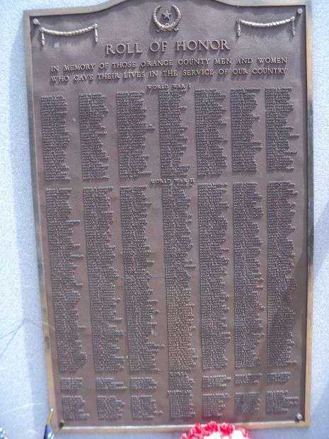 ORANGE COUNTY VETERANS MEMORIAL HONOR ROLL PLAQUE