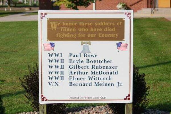 TILDEN LIONS CLUB HONOR ROLL WAR MEMORIAL