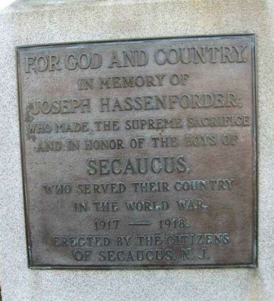 SECAUCUS WORLD WAR I MEMORIAL PLAQUE A