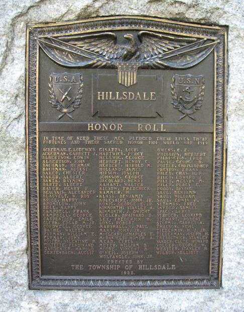 HILLSDALE WORLD WAR I MEMORIAL PLAQUE