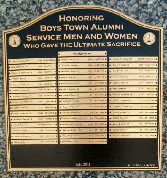 BOYS TOWN VETERANS MEMORIAL HONOR ROLL PLAQUE A