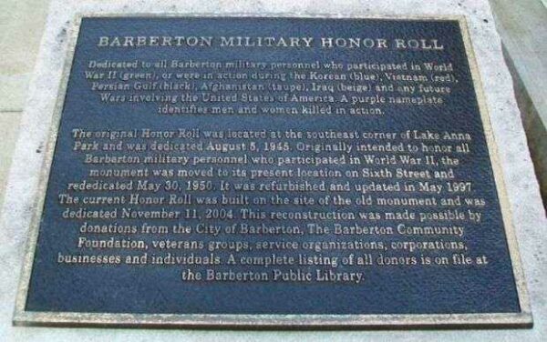 BARBERTON MILITARY HONOR ROLL MEMORIAL PLAQUE