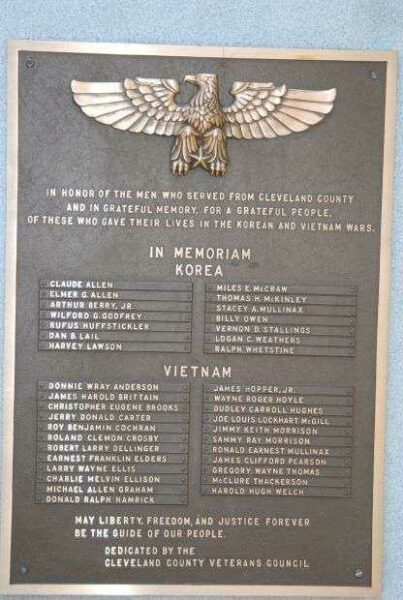 CLEVELAND COUNTY KOREAN AND VIETNAM WARS MEMORIAL PLAQUE